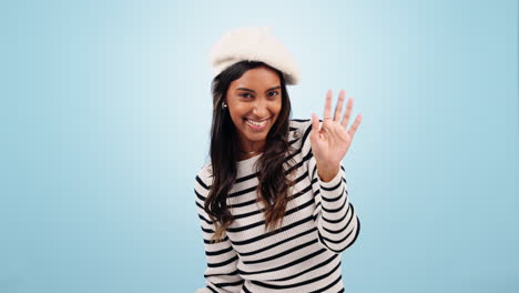 Portrait,-woman-or-wave-for-hello-in-studio