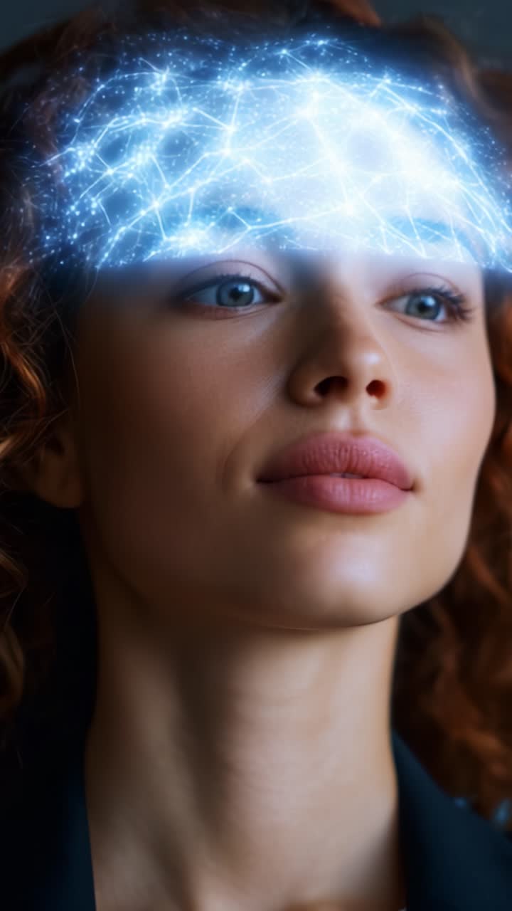 Una donna con i capelli ricci guarda in alto, il suo viso illuminato da una vivida rappresentazione di connessioni neurali e ispirazione, a simboleggiare creatività e intelligenza.