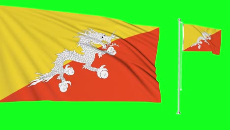 green screen hiper realistic loop of bhutan two flags waving in the wind bhutanese flagpole fluttering with highly detailed fabric texture animation 4k 3d chroma key