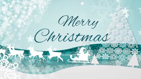 Animation-of-merry-christmas-text-over-santa-in-sleigh-and-snow-falling