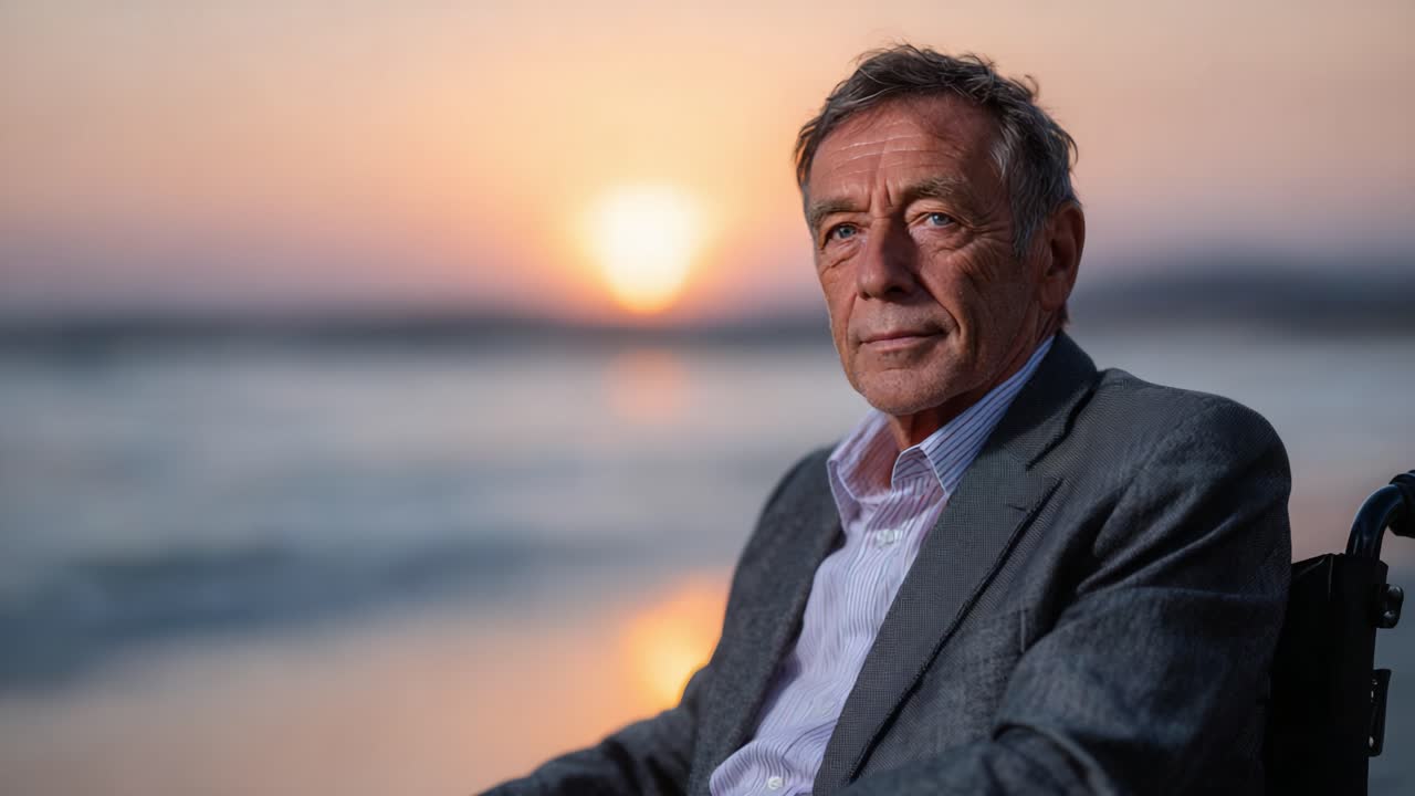 Um homem contemplativo em uma cadeira de rodas observa o pôr do sol sobre o oceano, personificando força, resiliência e um momento de reflexão em meio à beleza natural