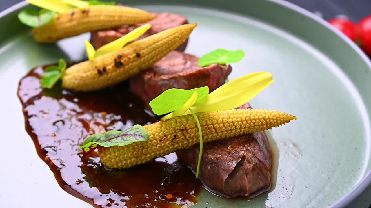 Un chef sirve ternera con salsa y guarniciones en un plato verde. Tres trozos de ternera se colocan en un plato verde con salsa y algunas guarniciones de verduras.