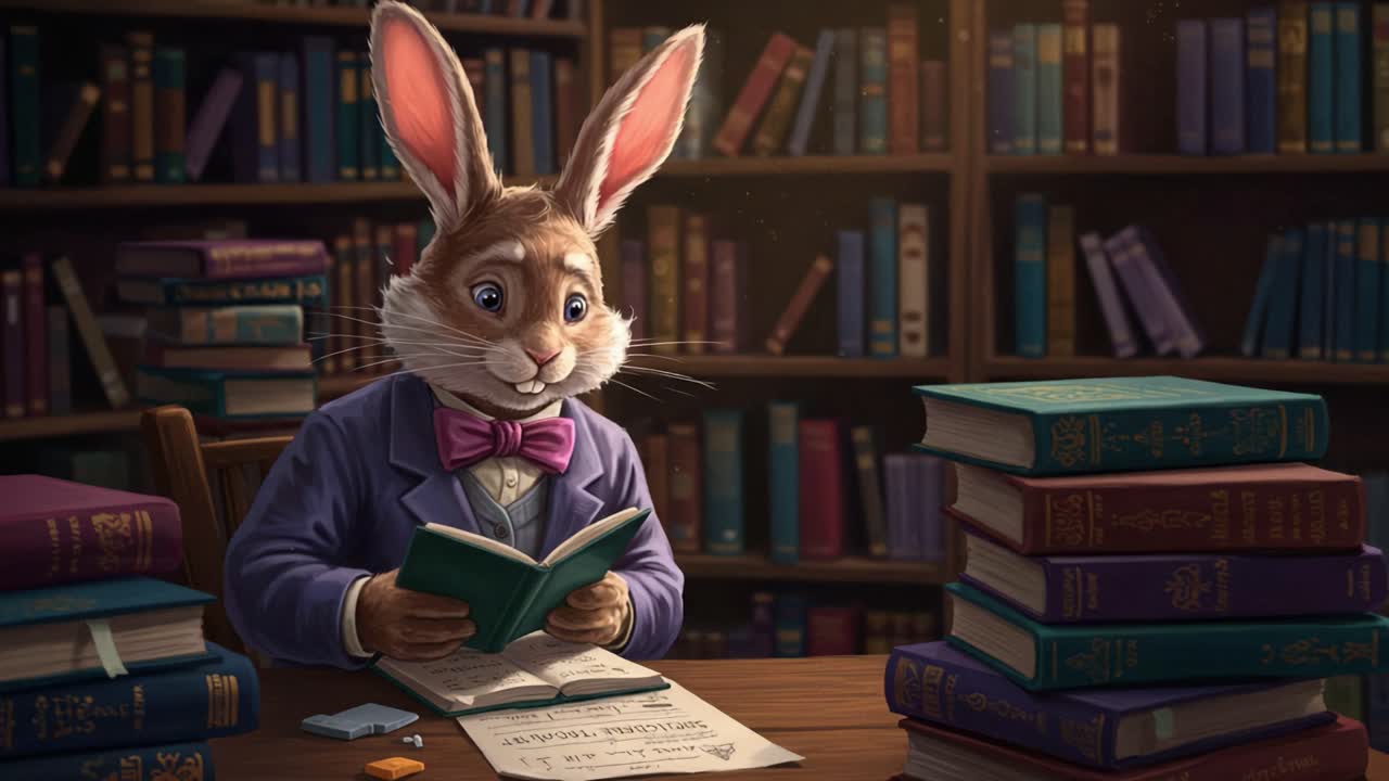 A charming anthropomorphic rabbit engrossed in a book at a library, surrounded by shelves laden with colorful books, exuding a whimsical and scholarly atmosphere