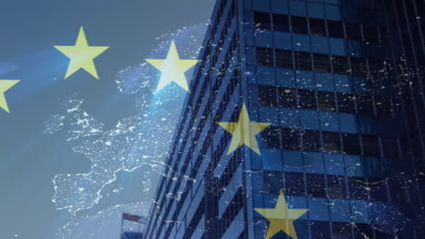 animation of european union flag and map over tall buildings against clouds in the sky