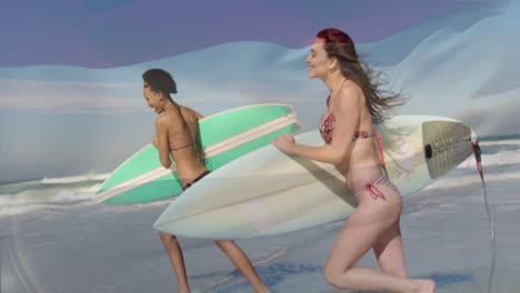 running on sunny beach, women in swimsuits carrying surfboards for surfing animation