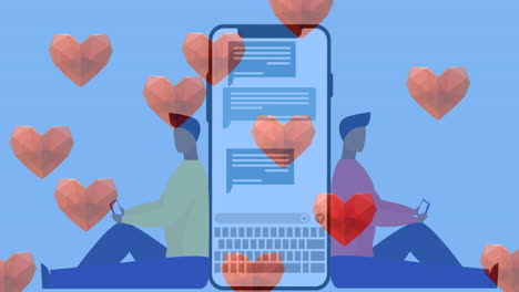 heart icons floating over smartphone interface against man and woman icons using smartphones