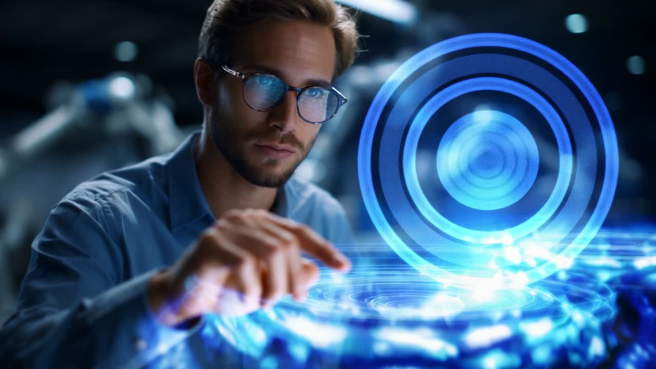 A focused individual analyzes intricate holographic displays that project luminous blue patterns in a technological environment, showcasing innovation and advanced digital interfaces in action