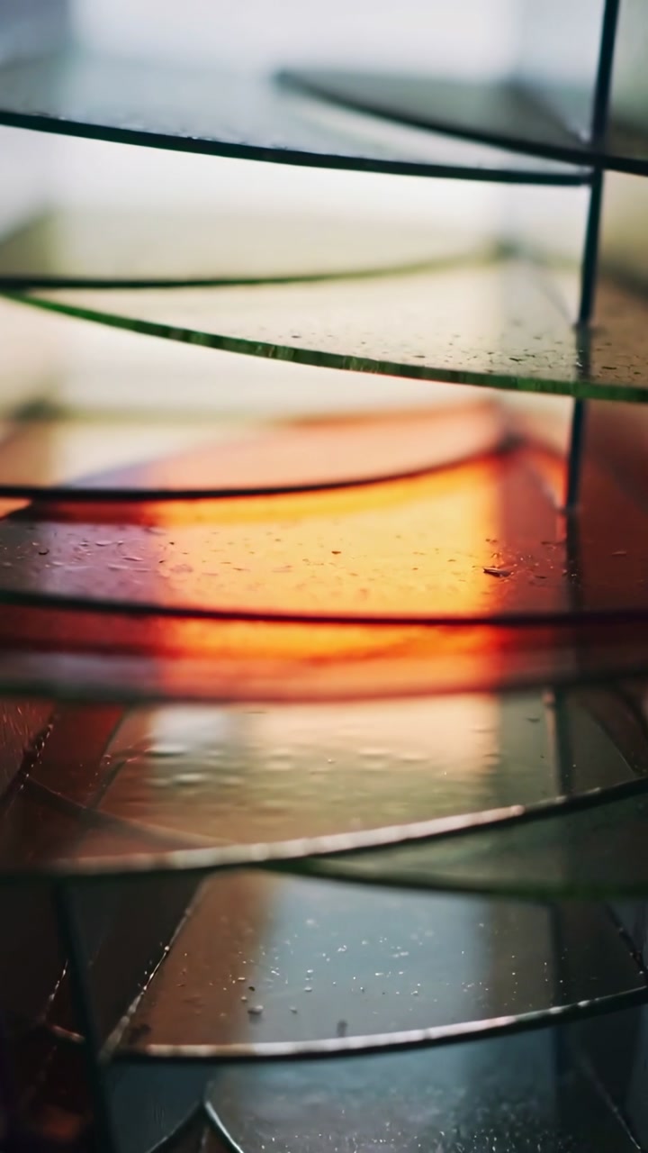 Vertical video: Zooming camera showing curved glass stack on desk, revealing warm glow and drops