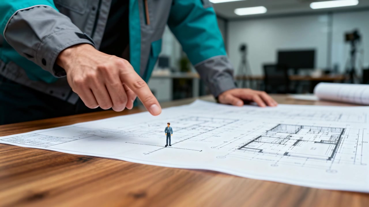 Een mannelijke ontwerper in een blauwgroen jasje plaatst zijn vinger en trekt een planraster over in de studio, terwijl hij een beeldje verschuift om het uit te lijnen.
