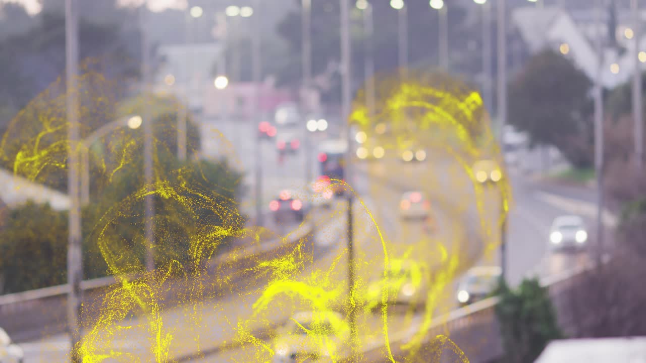 Curved roadway cars,bus moving, frame3 spawning yellow swirls rising, obscuring lanes, showing flow
