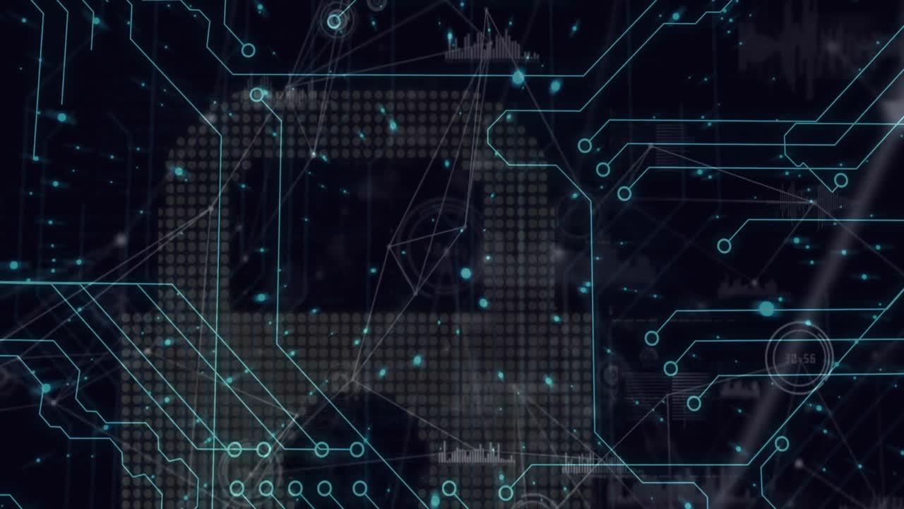 Animation of data processing and digital padlock over integrated circuit on black background
