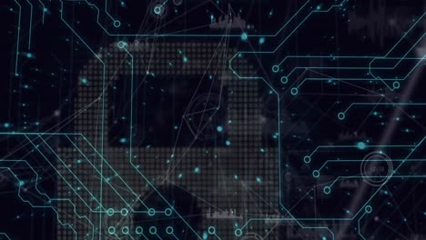 animación del procesamiento de datos y el candado digital sobre circuito integrado sobre fondo negro
