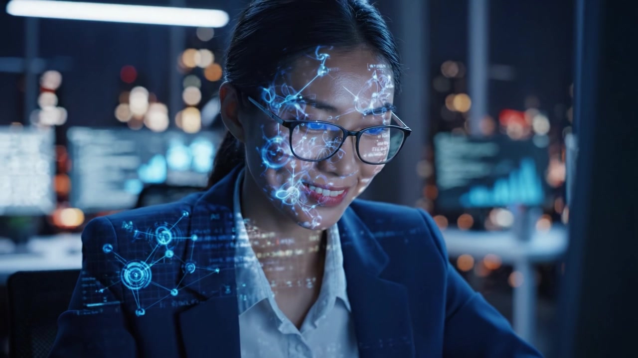 A focused professional analyzing data on a computer screen, showcasing a futuristic interface with digital projections and glowing connections, emphasizing technology and innovation.