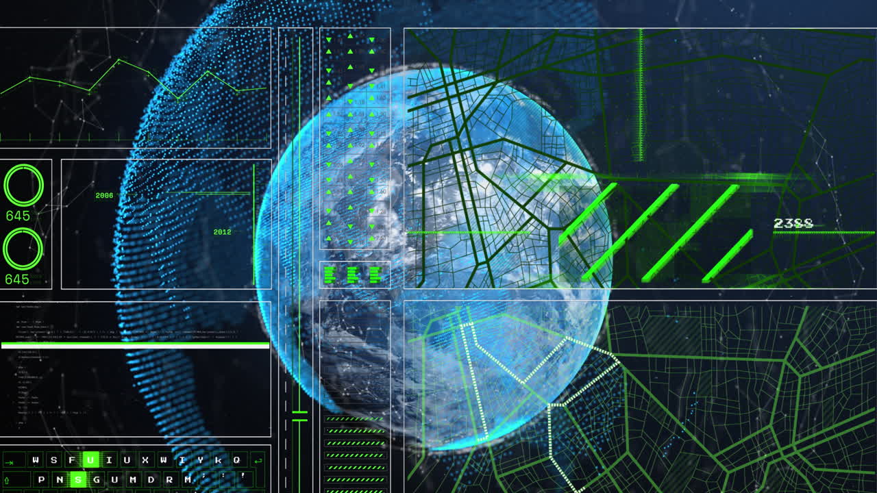 анимация интерфейса с обработкой данных по всему миру и сетью соединений