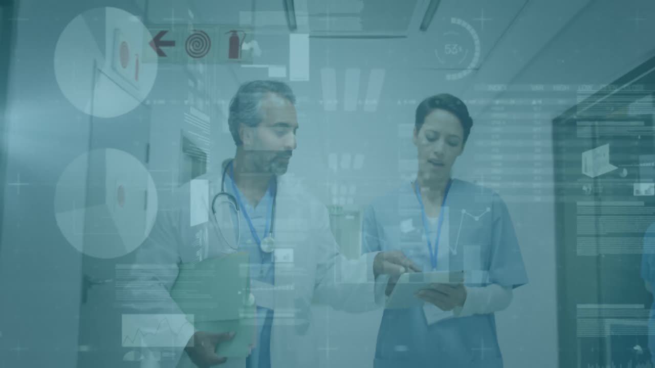 animación de gráficos y datos sobre diversas mujeres y hombres médicos caminando en el hospital