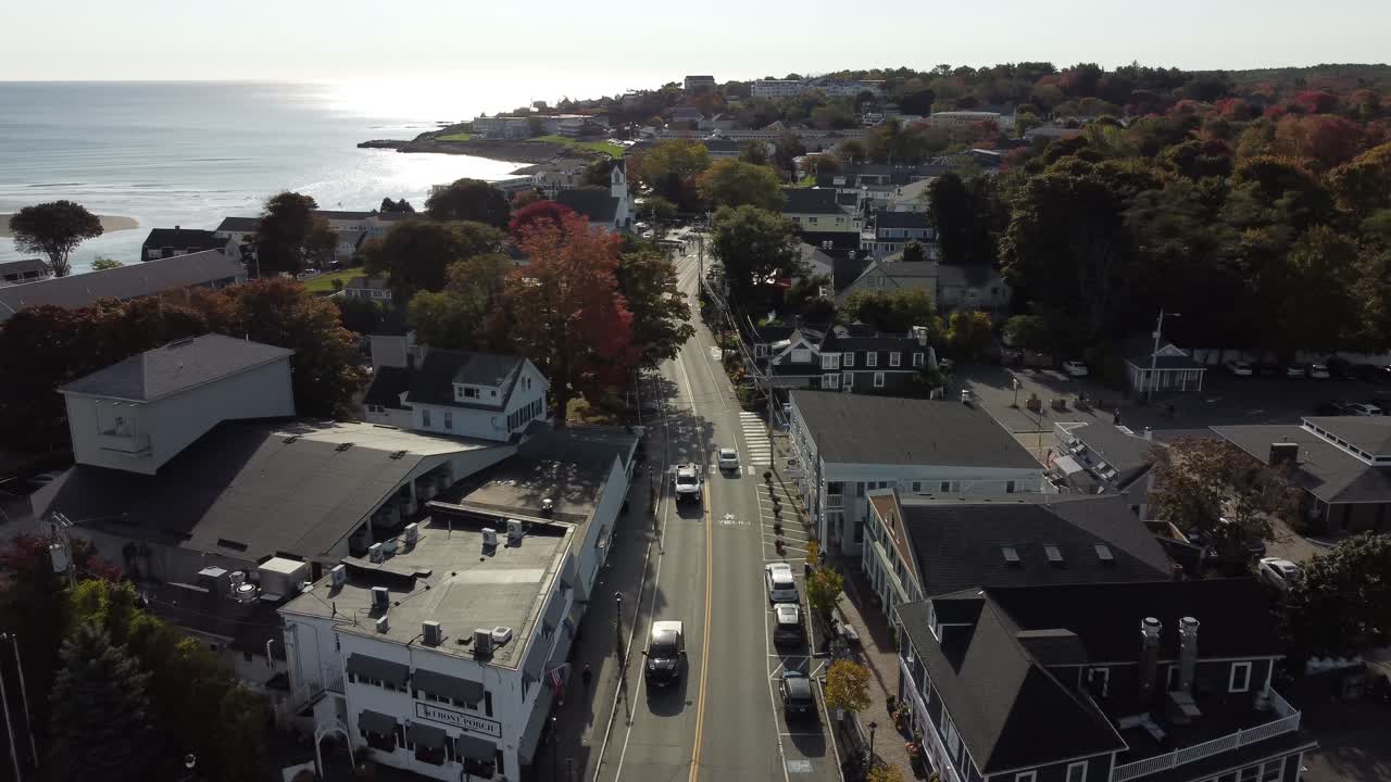 주거 지역, 교통, 자동차, 도로, 미국 메인 주 오구 해안의 공중 사진