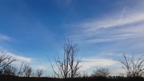 estelas químicas que se elevan con nubes blancas en el cielo azul sobre plantas estériles durante la temporada de otoño - tiro panorámico, lapso de tiempo