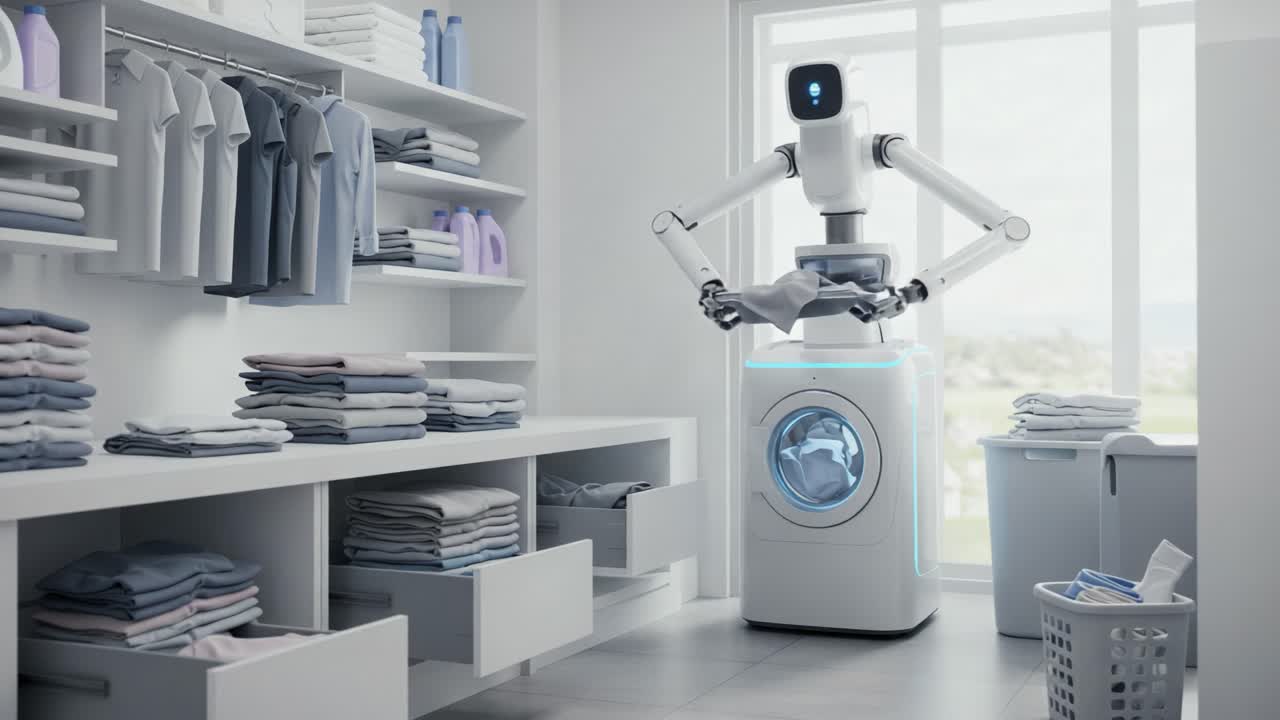 Advanced Robotic Assistant Efficiently Handles Laundry Tasks with Precision and Speed in a Modern Household Environment, Transforming the Way We Manage Our Clothes