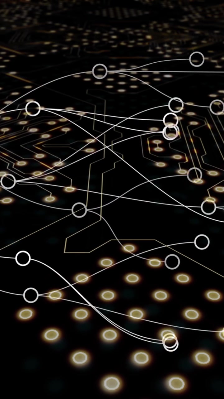 Digital animation of network of connections over microprocessor connections against black background