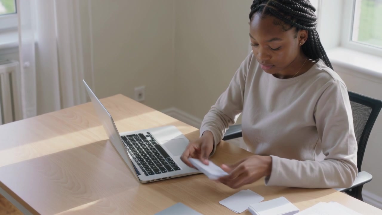 Una donna con un top color cammello si sistema, sfogliando e organizzando schede di studio alla scrivania vicino alla finestra, con un laptop e spazio per il testo.