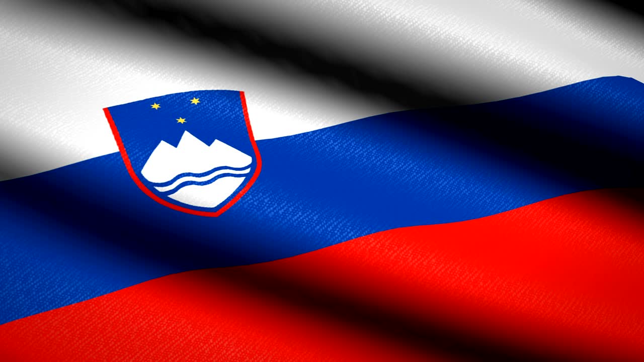 Slovinská vlajka vlající na texturovaném textilním pozadí. Plynulá smyčková animace. Celá obrazovka. Zpomalený záběr. 4K video