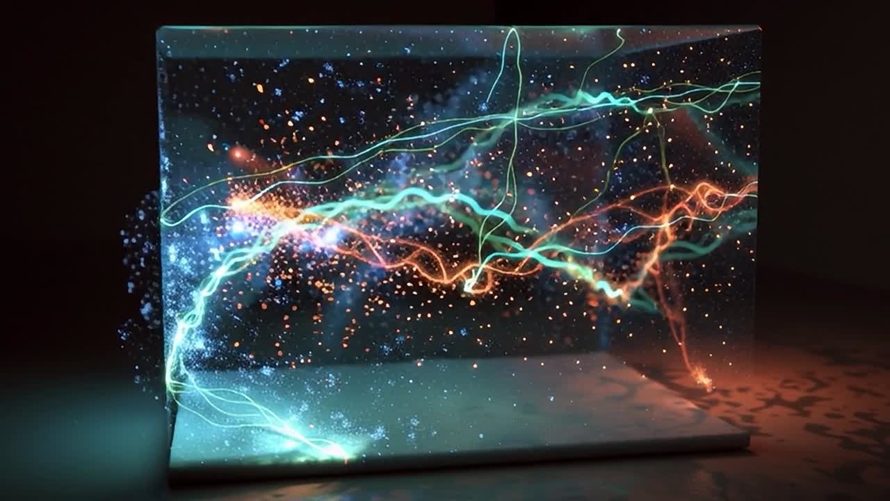 Colorful light patterns within a transparent cube at night