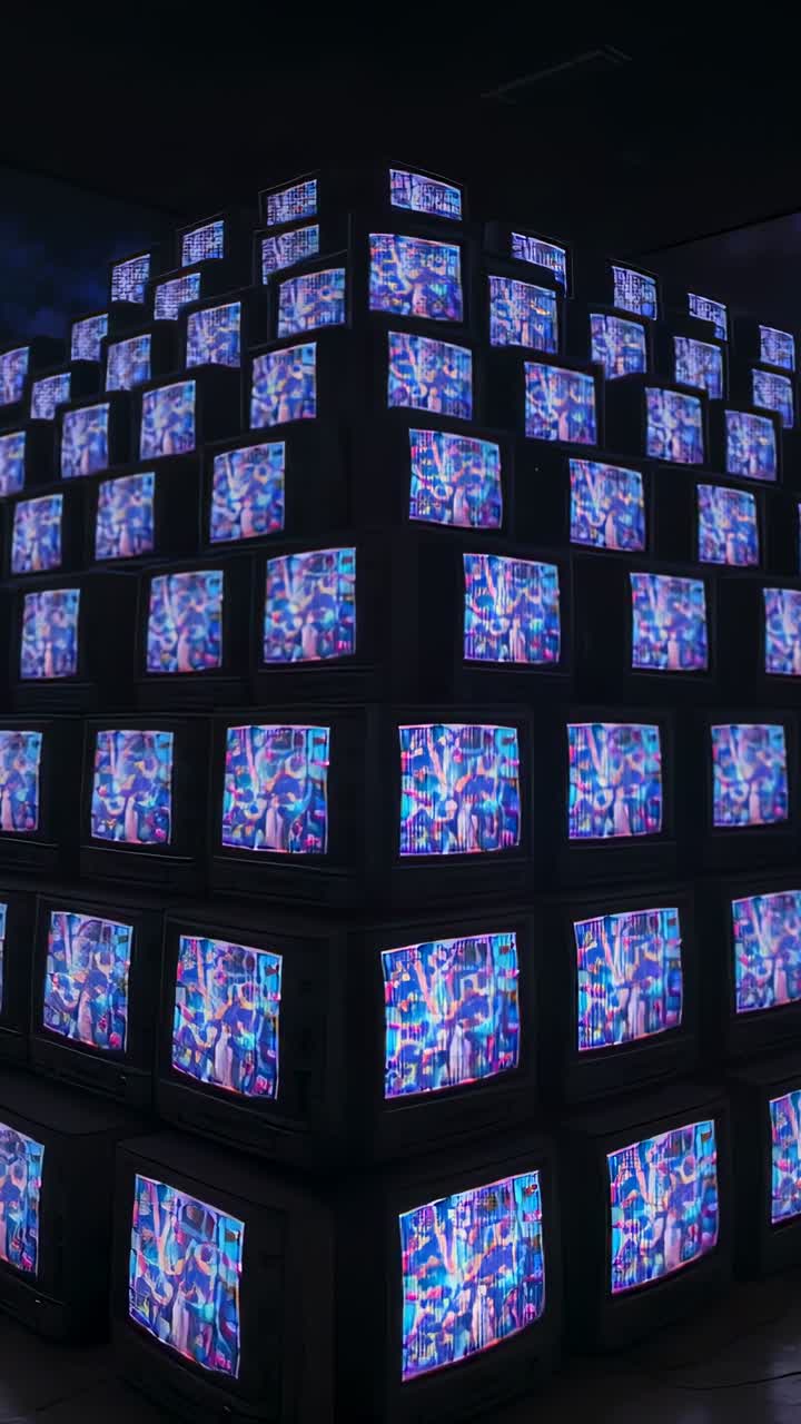 Vertical video: Pivoting camera revealing stacked CRT TVs in gallery, displaying neon animation