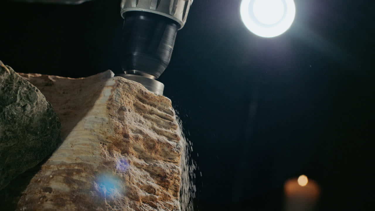Close-up of a Craftsman Carving Stone with a Power Drill