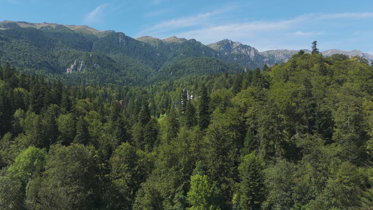 Fly-up drone view capturing Peleș Castle behind trees, emphasizing the scenic forested setting