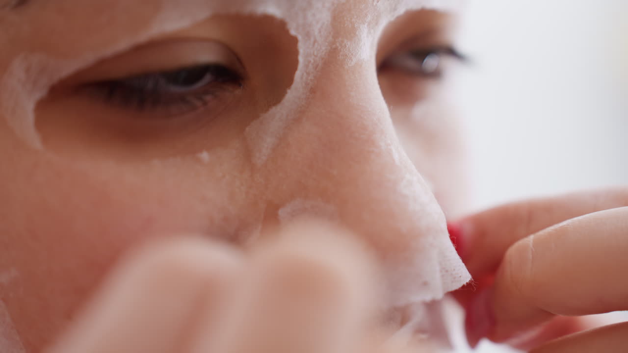 Mirror Mask Removal, Closeup Of Lip Mask Removal, Focus On Lip Area Mask Removal In Bathroom Setting, Detailed View Of Woman Removing Face Mask Near Mirror With Colorful Nails Visible