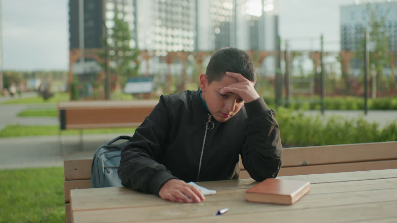 Angry boy sitting outdoors slams pen on wooden table in frustration during study, showing stress and irritation, while blurred view of people and tall buildings appear in background