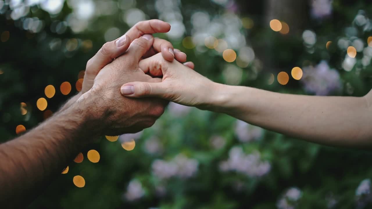 Bringing man and woman's hands together in garden, threading fingers with lights for comfort