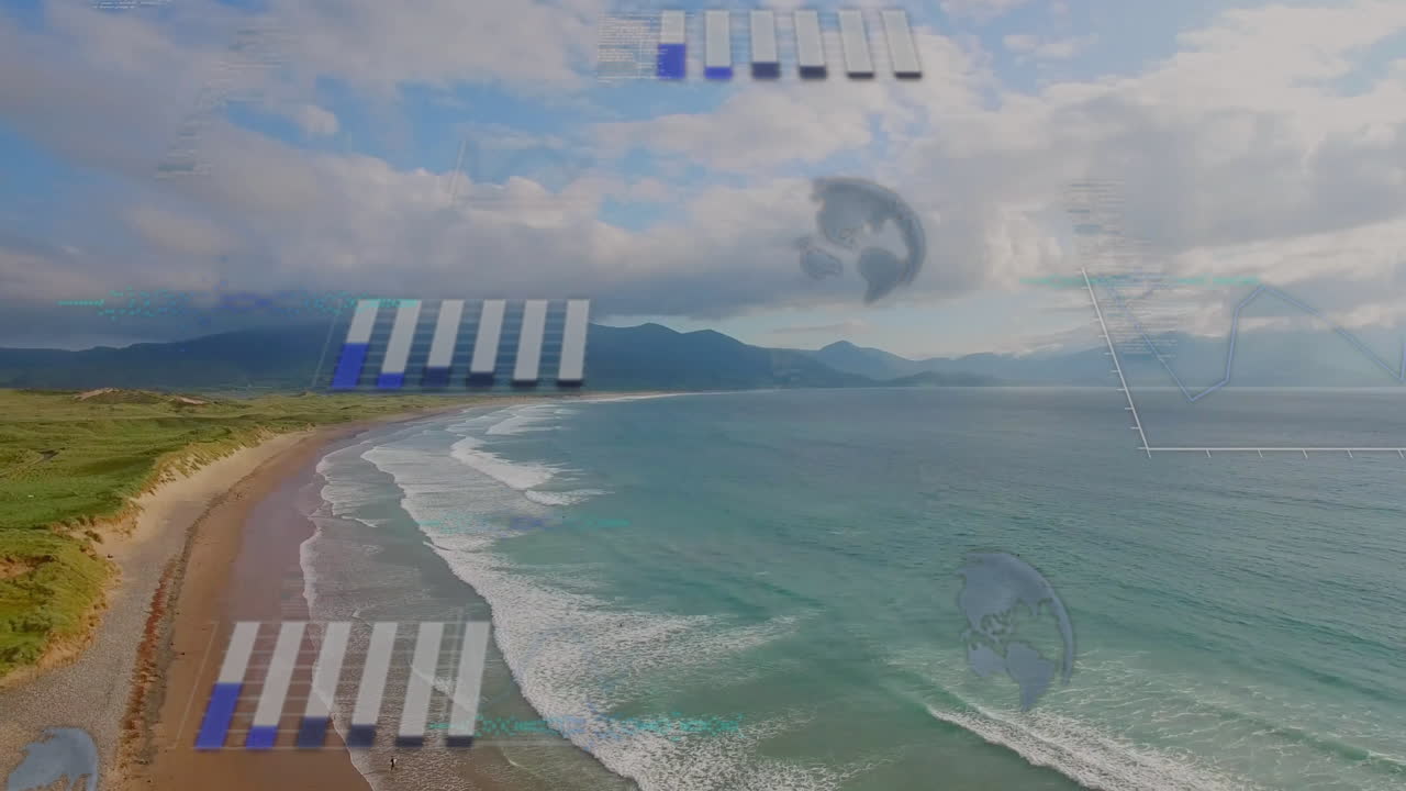 Coastal landscape with data processing animation over ocean waves and mountains