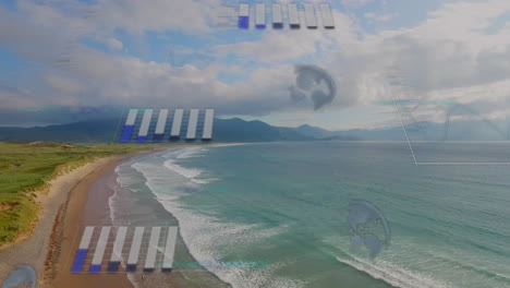 coastal landscape with data processing animation over ocean waves and mountains
