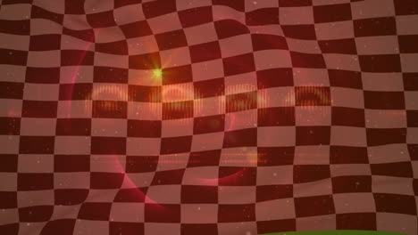 animation of flashing lights over waving black and white racing flag