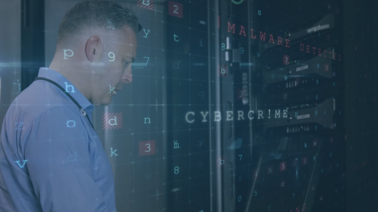 hombre trabajando en una sala de servidores mientras los mensajes de peligro se mueven y parpadean en primer plano