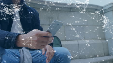 holding smartphone, person surrounded by network connections and data processing animation