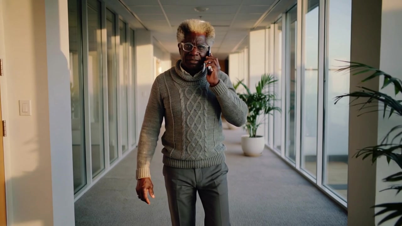 En chef får ett samtal, håller telefonen mot örat, går i kontorskorridoren, tar ett arbetssamtal och bär en grå stickad tröja.