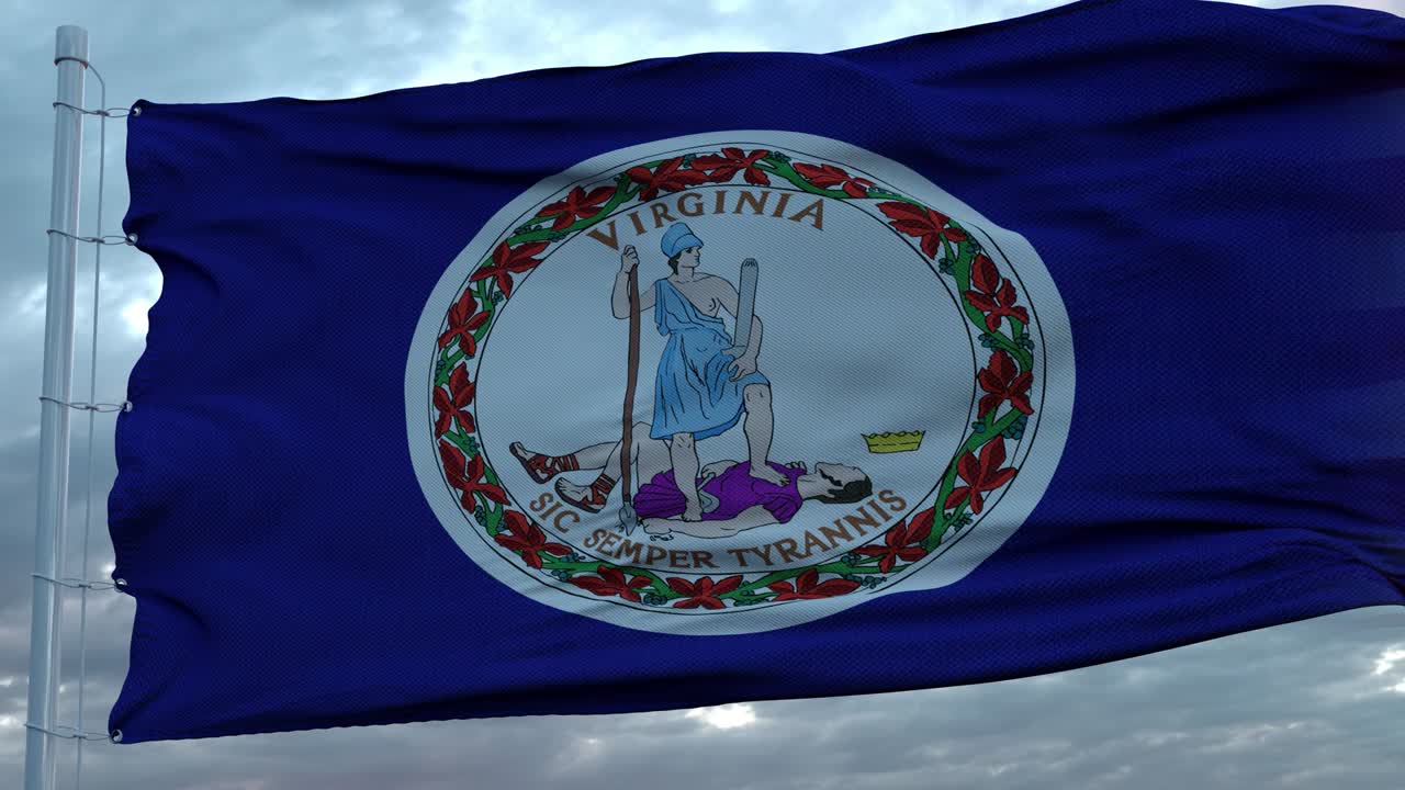 Bandiera mista di USA e Virginia che sventola al vento. Bandiera della Virginia e degli USA su pennone.