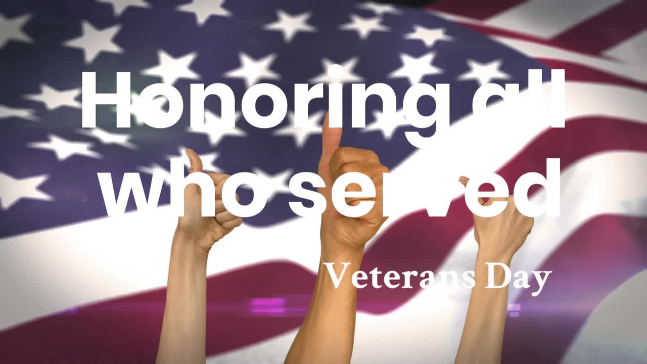 Animation of veteran's day text over hands with thumbs up and american flag