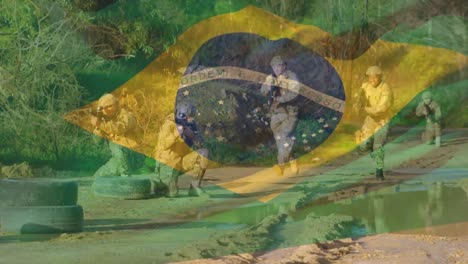 Animation-of-flag-of-brazil-over-diverse-soldiers