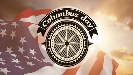 animation of compass and columbus day over flag of united states of america