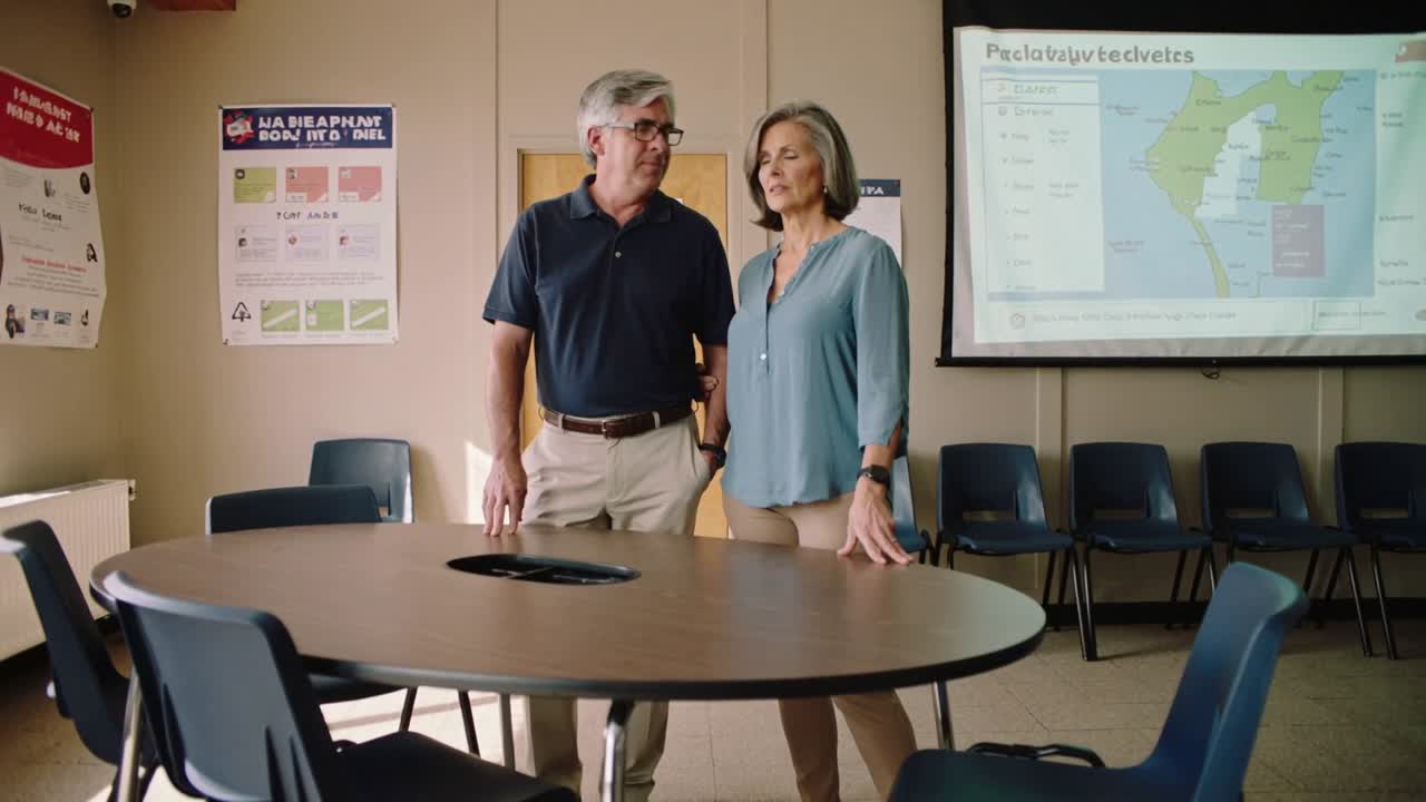Coppia in piedi che interagisce con una mappa visualizzata in una sala riunioni, l'uomo con una polo blu scuro e la donna con un top azzurro.