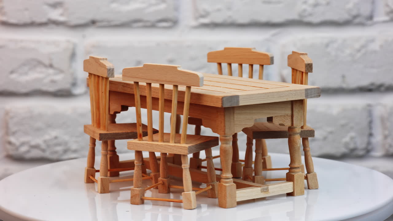Wooden miniature dollhouse furniture. Beautiful miniature dolls house furniture, rotation
