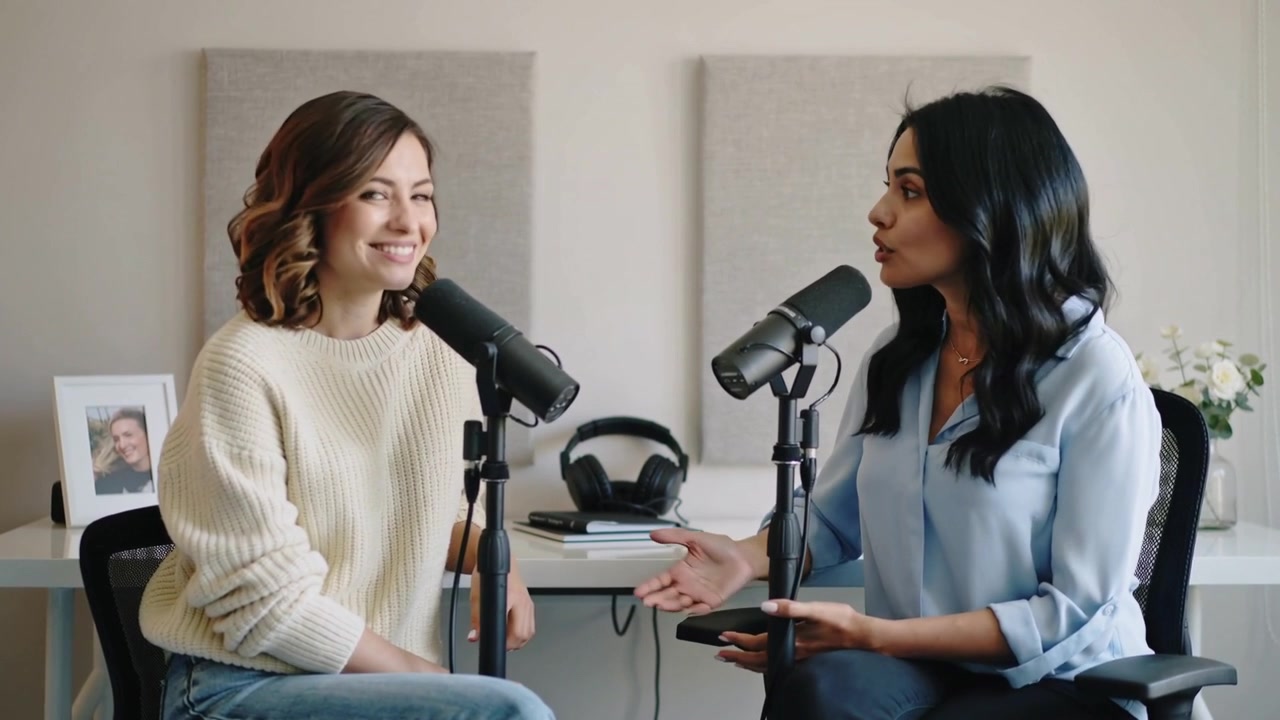 La conduttrice a destra, in camicetta blu, parla nel microfono alla scrivania del podcast, mentre l'ospite a sinistra, con un maglione color crema, ascolta.