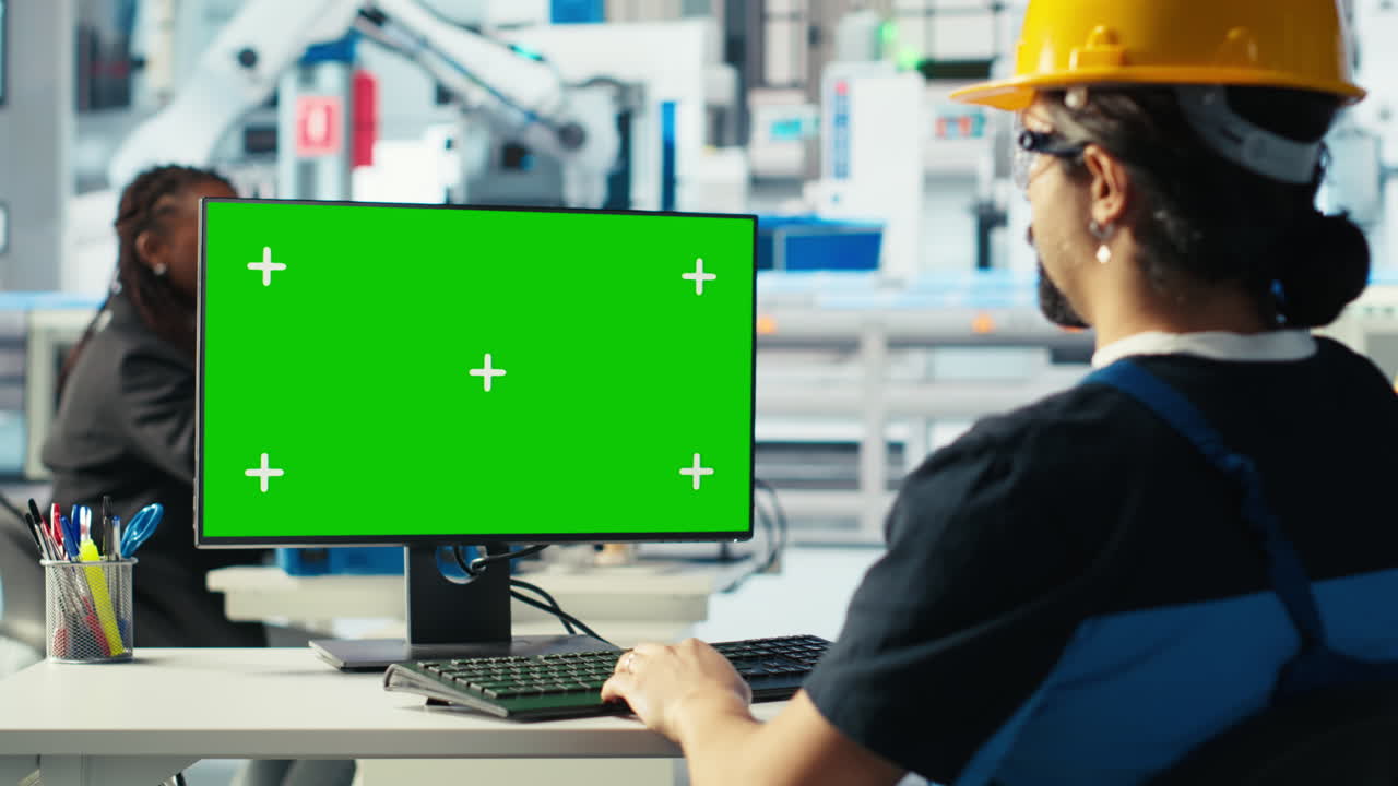 태양광 공장 엔지니어가 시스템 매개 변수를 조정하기 위해 그린 스크린 pc를 사용합니다.