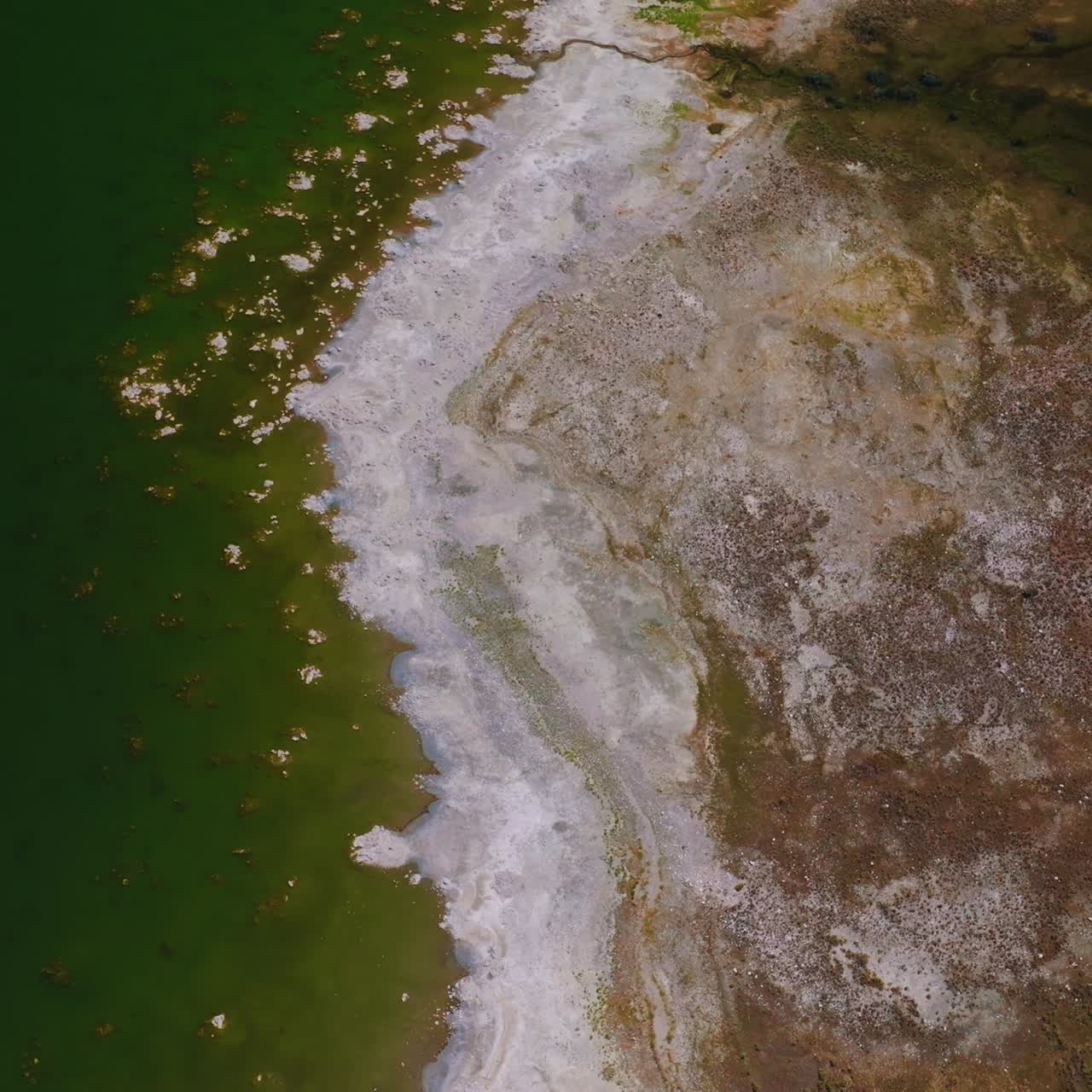Aquamarine water in the salty lake. White saline scurf covering the wide line on the shore. Bare waterfront with no vegetation on. Top view