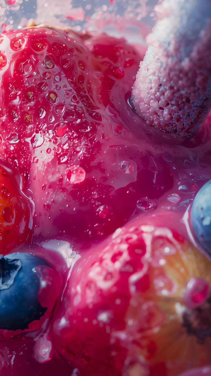 Vertical video: Entering spoon pressing strawberry with blueberries in bowl, coating in pink syrup