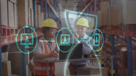 animación de iconos y procesamiento de datos sobre diversas personas que trabajan en el almacén.