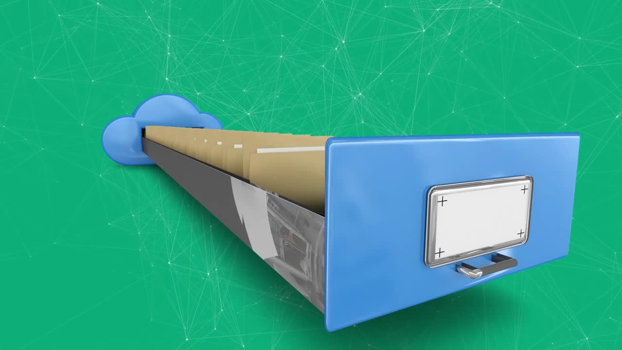 Animazione di file e di una rete di connessioni su sfondo verde